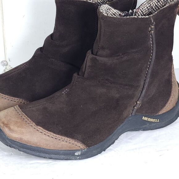 Merrell Women's Freisa US7 Brown Suede Leather Slouch Zide Zip Ankle Booties - Picture 12 of 12